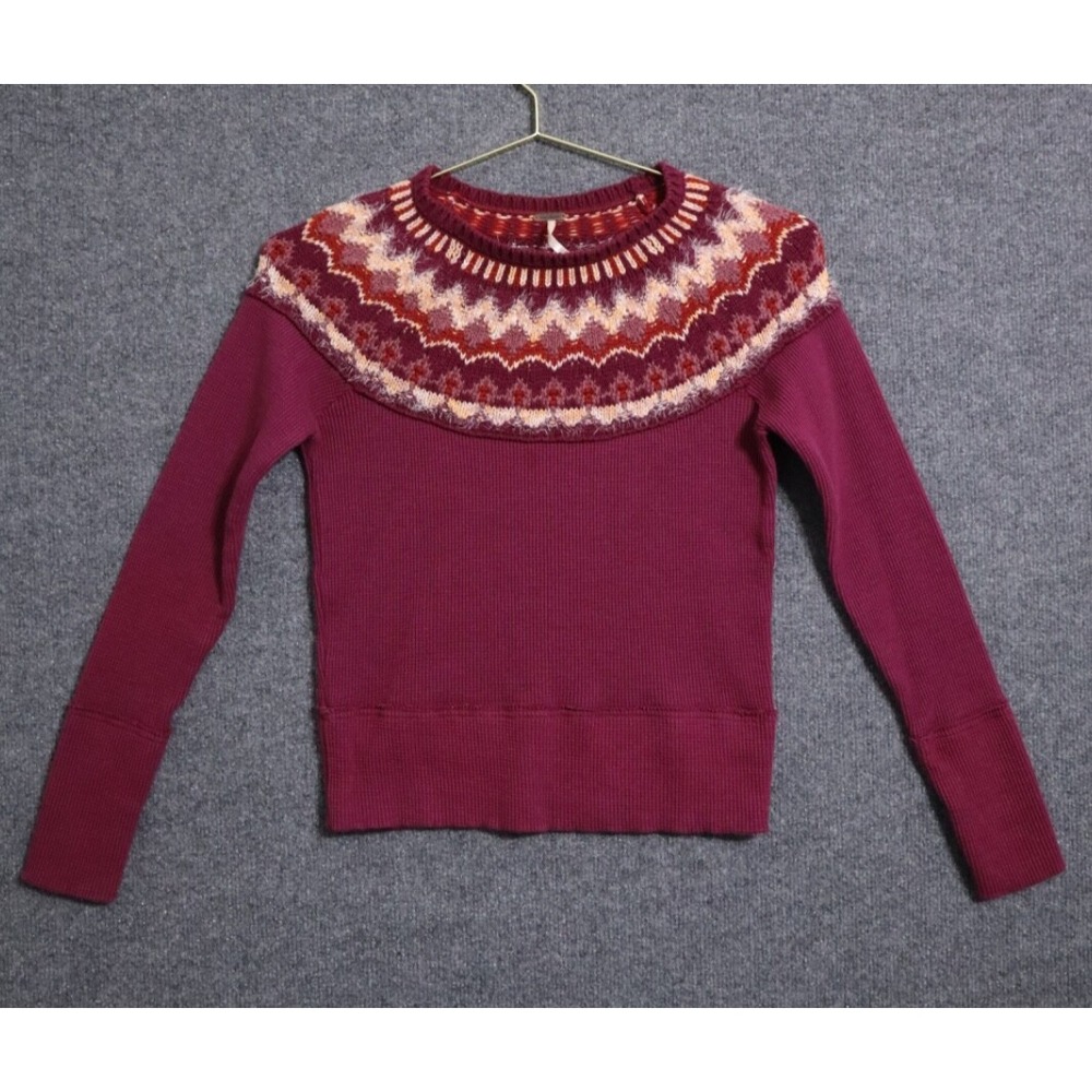 Free‎ People Sweater Women XS Purple Mandala Swit Thermal Waffle Knit Bohemian